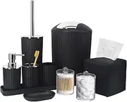 Bathroom Accessory Set - 10 Piece Black Bathroom Accessories Set with Trash Can, Toothbrush Holder and Cup, Soap Dispenser, Soap Dish, Toilet Brush Holder, Vanity Tray, Qtip Holder, Tissue Box Cover
