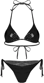 [TiaoBug] Women's Metallic Shiny Halter Padded Triangle Self Tie Bikini Bathing Suits 2 Piece Bikini Swimsuits