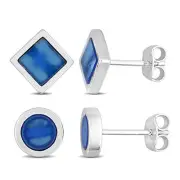 Amour Men's Sterling Silver Square & Round Blue Agate Stud Earrings 2PC Set