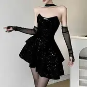 Halter Neck Plain Asymmetrical Glitter Layered Mini A-Line Dress with Mesh Long Gloves Set of 2 - Dress & Gloves - Black - L