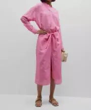 Xirena Women's Pink Silk Button-Front Self-Tie Alana Shirt Dress Size L