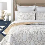 mixinni Reversible 100% Cotton 3-Piece Beige Embroidery Pattern Elegant Quilt Set with Embroidered Decorative Shams Soft Bedspread&Coverlet Set-King by
