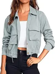 [Onedreamer] Women's Military Safari Cropped Jackets Button Down Lightweight Oversized Utility Anorak Coat with Pockets