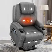 ALFORDSON Recliner Chai Fully Automatic Lifting and Reclining, Linen Fabric Electric Lounge Sofa with Dual USB Charging Ports, Heated Massage Armchair Remote Control for Home Room and Office, Grey