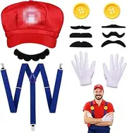 WOTOW Super Brother Mario Costume Accessories Set - Adult Video Game Role Cosplay with Hat Gloves Moustache Buttons Suspenders Fancy Mario Outfit for Dress Up Party Supplies Halloween Party Cosplay