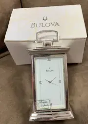 BULOVA DESK CLOCK W/SECRET JEWELRY COMPARTMENT SILVERPLATE ROMAN NUMERAL 3.75”
