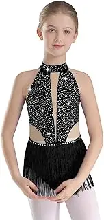 [Sinleey] Kids Girls Sparkly Rhinestone Latin Dance Ballet Fringed Lyrical Dress Leotards Bodysuit with Tassel Outfits Dance