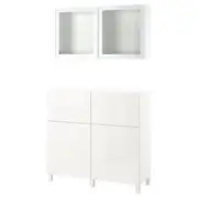 BESTÅ storage combination w doors/drawers, white/Selsviken/Stubbarp high-gloss/white clear glass, 120x42x213 cm