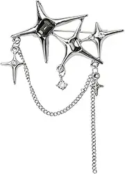 [Kefley] Rhinestone Star Pin Brooch Silver Lapel Pin for Women Men Safety Pins for Clothes Vintage Brooches with Tassel Long Chain Decorative Sweater Shawl Clips for Clothing Suit Collar Pin