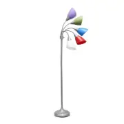 5 Light Adjustable Gooseneck Silver Floor Lamp with Primary Multicolored Shades