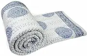 White King/Twin Handmade Bohemian Hand Block Print Pure Cotton Bedspread Kantha Stitch Hippie Kantha Bed Spread Reversible Bedcover Throw Quilt (White&Blue, 90X108 inches)
