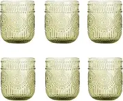 XKXKKE 8 Oz Sunflower Embossed Drinking Glasses Set of 6, Highball Glasses Tall Glass Sets, Colored Glass Tumblers Vintage Green Glassware Glass Cups Colorful Elegant Wine Glasses Dishwasher Safe