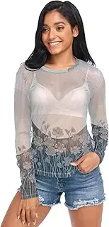 [RPLIFE] Moonlit Wildflowers Silver Mesh Top Long Sleeve, Sexy Sheer Tops for Women S-XXL
