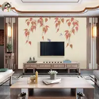 在飛比找Yahoo!奇摩拍賣優惠-秋色獨繡中式田園樹葉臥室床頭背景刺繡墻布客廳餐廳沙發電視壁布