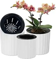 [MUZHI] Orchid Pot with Net and Holes, Round Self Watering Planter Pot for Indoor Plants and Flowers 3 Sets White