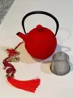 Japanese Cast Iron Enameled Interior Handcrafted Traditional Red Tea Pot