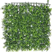 EZY Hedge and Plants 20"x 20" White Flower Artificial Hedge Tile Fake Green Wall Hedge Panel Suitable for Outdoor Indoor Garden Privacy Fence Backyard Screen and Decor, 50 x 50cm