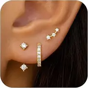 [Poxtex] Gold Huggie Hoop Earrings Set for Women, Dainty Small Birthstone Jacket Stud Huggie Earring Stack for Multiple Piercing Hypoallergenic Trendy Jewelry, 925 Sterling Silver Post Cartilage Earrings Gifts