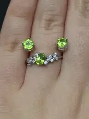 S925 Marked Jewlry Set Peridot Crystal Earrings & Ring Sterling Silver W/ Box