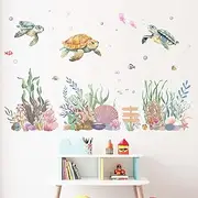 Amimagen Ocean Sea Turtle Wall Decals - Under The Sea Marine Theme Seaweed Grass Wall Stickers - Baby Nursery Kids Bedroom Daycare Bathroom Wall Decor