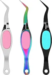 Mudder 3 Pieces Crossing Locking Curved Craft Tweezers Pointed Tip Tweezers Stainless Steel Soft-Grip Fine Tip Craft for DIY (Rainbow and Pink, Silver and Pink, Black and Blue)
