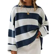 Women's Sweater Fashion Striped Ribbed Crew Neck Patchwork Knitted Long Sleeve Regular Tops Knit Going out Weekend Light Green Pink Fall