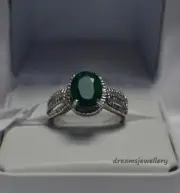2CT Oval Cut Real Green Emerald Engagement Jewelry Ring 14K White Gold Finish