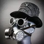 Silver Halloween Spider Web Top Hat w/ Silver Robot Mask & Spike Goggles Costume