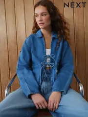 Dark Blue 100% Cotton Tie Front Denim Jacket (AF6084) | $34