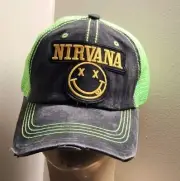 Nirvana Trucker Hat Distressed Baseball Cap Black & Green Mesh