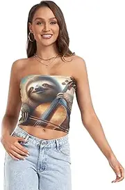 [RPLIFE] Cute Sloth Cello Tube Crop Tops for Women, Trendy Crop Tops, Mesh Tube Tops, Womens Summer Clothes (S)