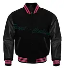 Varsity Letterman baseball All Black Wool Bomber Hot Pink Trimming Jacket