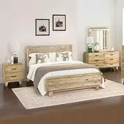 Solid Pine Timber 4 Pcs Bedroom Suite in Rustic Texture in Double Size with Bedside Table and Dresser