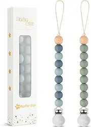 BebeBiu Silicone Dummy Clip for Baby Boys and Girls, 2 Pack Pacifier Clips, Dummy Chain, Soother Dummy Holder, Pacifier Holder, Keeps Pacifier Clean (Beau/Sage)