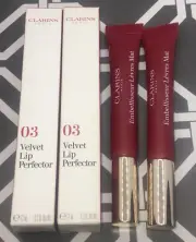 2X Clarins Velvet Lip Perfector 03 Velvet Red ~ Set Of 2 ~ Matte Smooth Lips Set