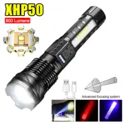 P50 LED Flashlight Side Red White Blue Light Zoom USB Rechargeable Torch 1500m