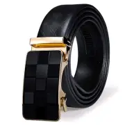 Men Belt Black Gold Chessboard Automatic Buckle Adjustable Ratchet Strap Rand...