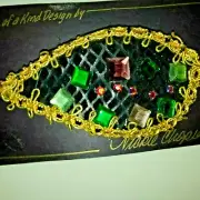 French Hair Barrette One of a Kind Artist Design Leather Rhinestones-Gold Fringe