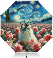[RPLIFE] Windproof Travel Umbrella, Auto Open Close, Compact Umbrellas, Backpack Purse Portable, Ideal for Women, Cute Kitten Starry Night Rose Cat