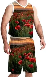 [KQNZT] Basketball Jersey and Shorts, Jerseys for Men, Men's Athletic Basketball Jerseys, Landscape Flower Field Red Flower Corn Poppy