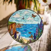 Coastal Cliff Ocean View Beach Stained Glass Suncatcher, Window Decor & Gift