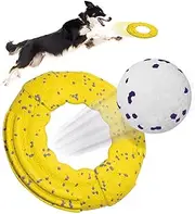 Kimee Tennis Balls Dog Fetch Toys, Soft Dog Flying Disc ETPU Long-distance, Floatable, Higher-Elasticity, Indestructible Dog Ball Chew Toys for Large Medium Dog, Puppy, Yellow Flyer & White Ball 9.85"
