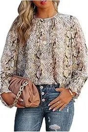 [Azura Exchange] Glitter Snake Grain Pleated Round Neck Blouse Unisex Brown Tops