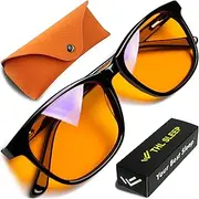 Blue Light Blocking Reading Glasses for Better Sleep - Amber Orange Computer Filter Anti Eye Strain Lenses - by THL Sleep (Black) Small
