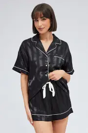 Black Stripe Pyjama Set Jacquard Stripe Satin Piping PJ - Size M, Women's Satin Set