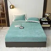 Warm Soft Cozy Milk Fleece Bed Sheet Winter Comfortable Velvet Plush Fitted Sheet Mattress Cover,Green Blue,220x200x25cm 1pc
