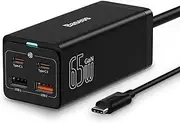 GaN3 Pro Gallium Nitride 65W Generation Desktop Fast Charger 2X USB-C + 2X USB-A + 240V AC Power Extension with 100W USB-C Cable Jack Black Compatible with Baseus