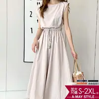 在飛比找momo購物網優惠-【艾美時尚】中大尺碼女裝 洋裝 法式優雅綁帶棉麻顯瘦長裙。S