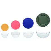 Pyrex 7401, 7402, 7403, 7404 Mixing Bowls w/ Yellow, Pink, Blue, and Green Lids