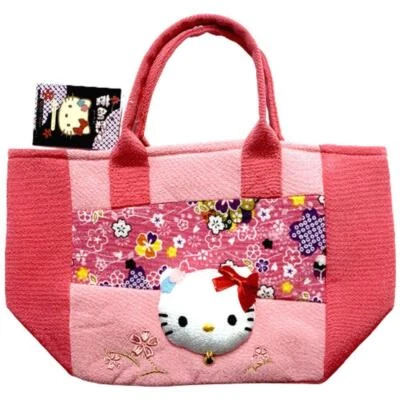 Hello Kitty Japanese Chirimen Small Bag 6.6" x 7.8" Rayon Haro Saisai Pink